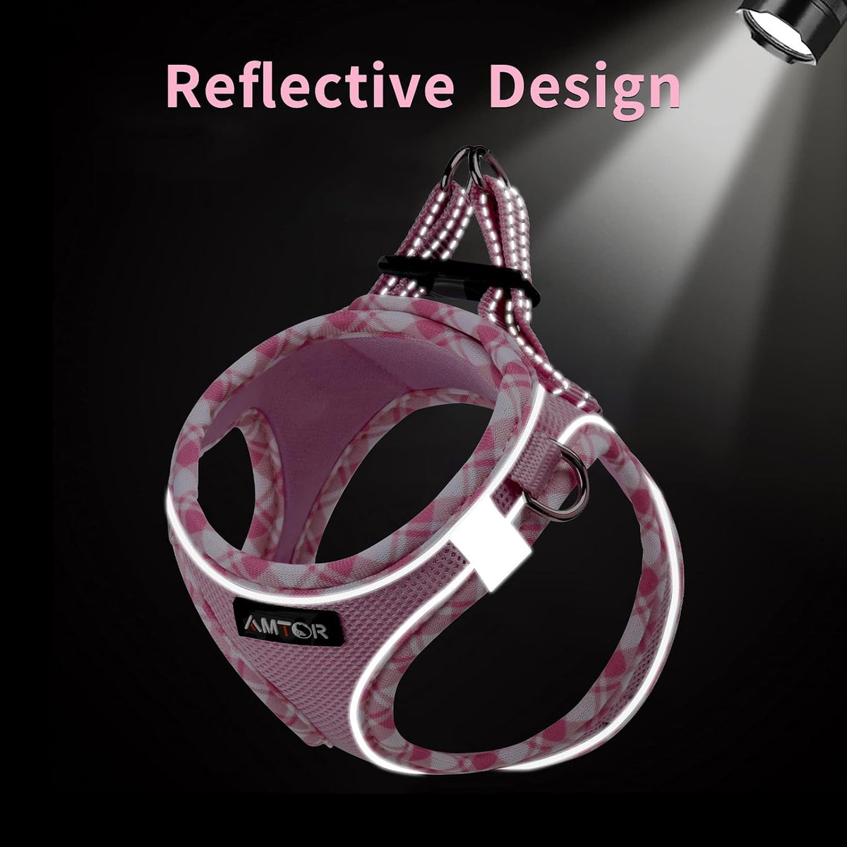 Small Dog Harness with Leash Set, No Escape Easy Walk Puppy Harnesses for Training Walking, Step-in Reflective Soft Dogs Vest for XS S Medium Extra-Small Large Sized Dog(Pink/White,S)