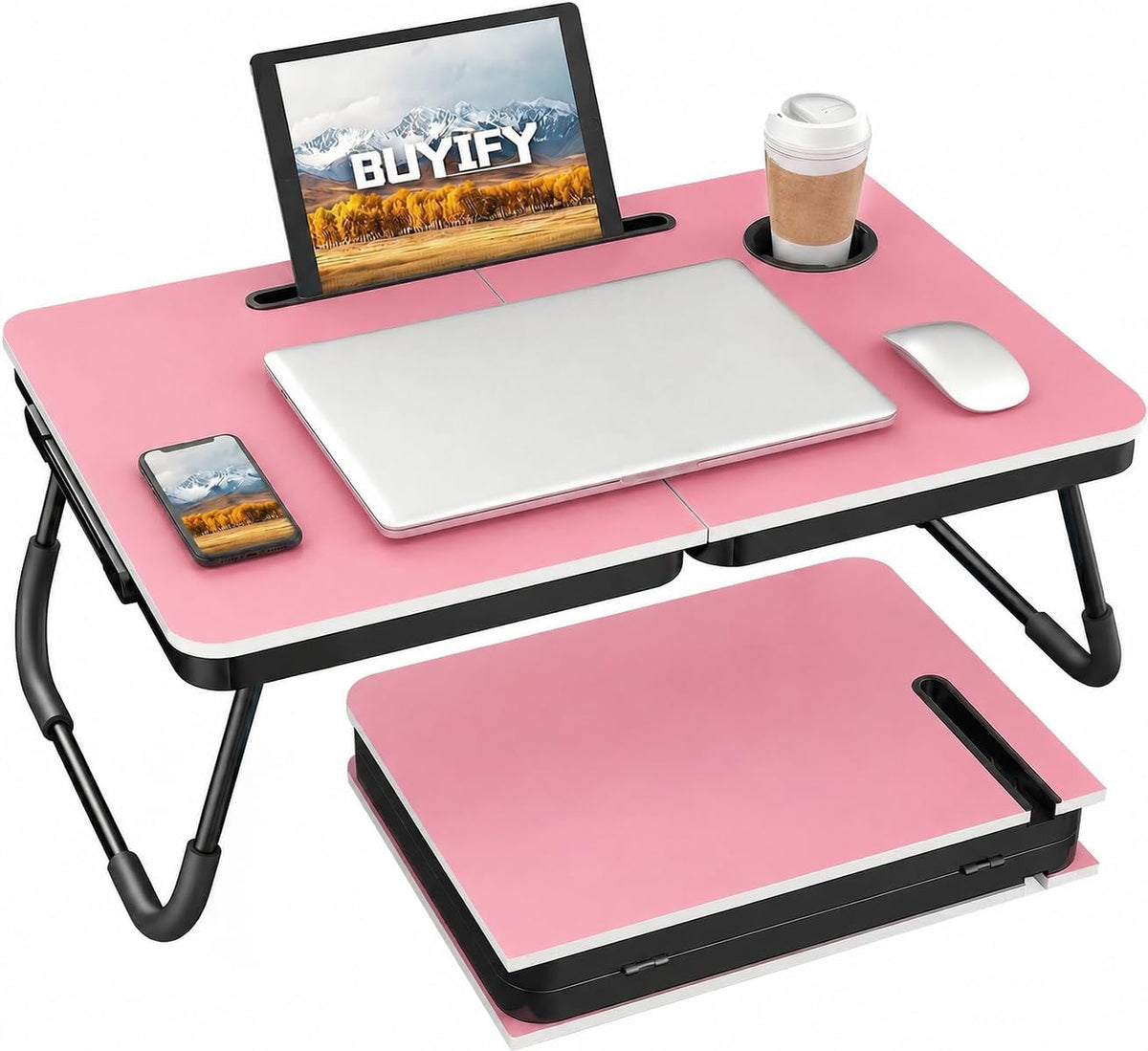 23.4" Foldable Lap Desk Bed Table with Cup Holder Tray Rose Pink