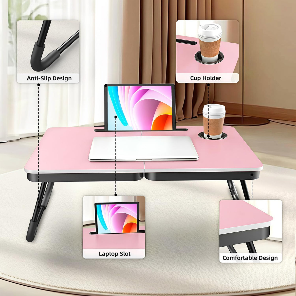 23.4" Foldable Lap Desk Bed Table with Cup Holder Tray Rose Pink