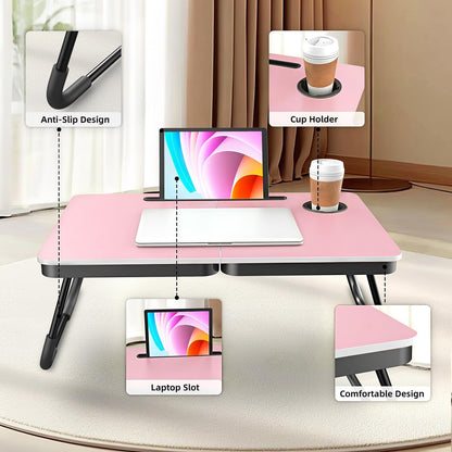 23.4" Foldable Lap Desk Bed Table with Cup Holder Tray Rose Pink