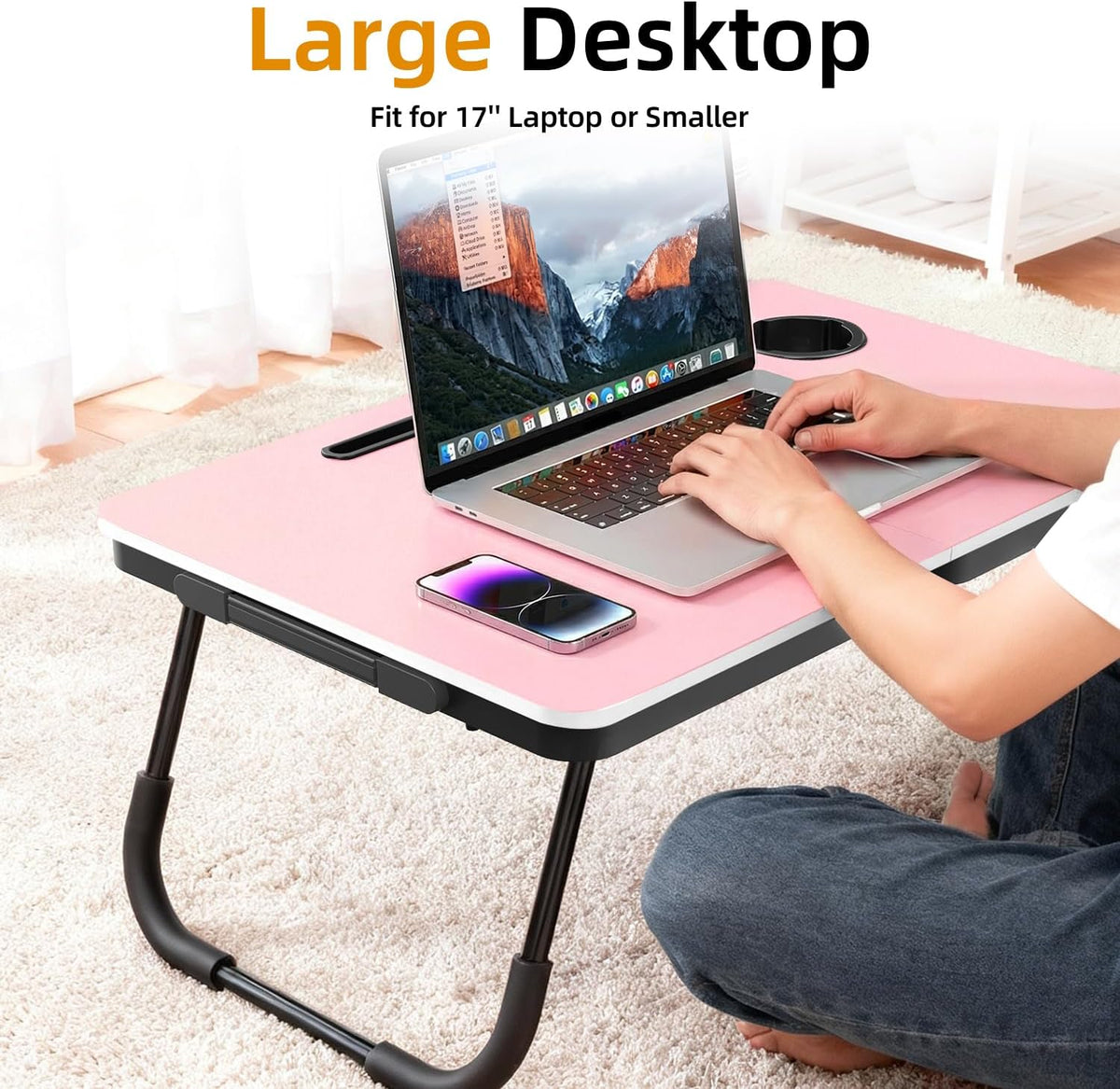 23.4" Foldable Lap Desk Bed Table with Cup Holder Tray Rose Pink