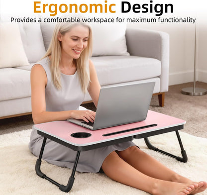 23.4" Foldable Lap Desk Bed Table with Cup Holder Tray Rose Pink