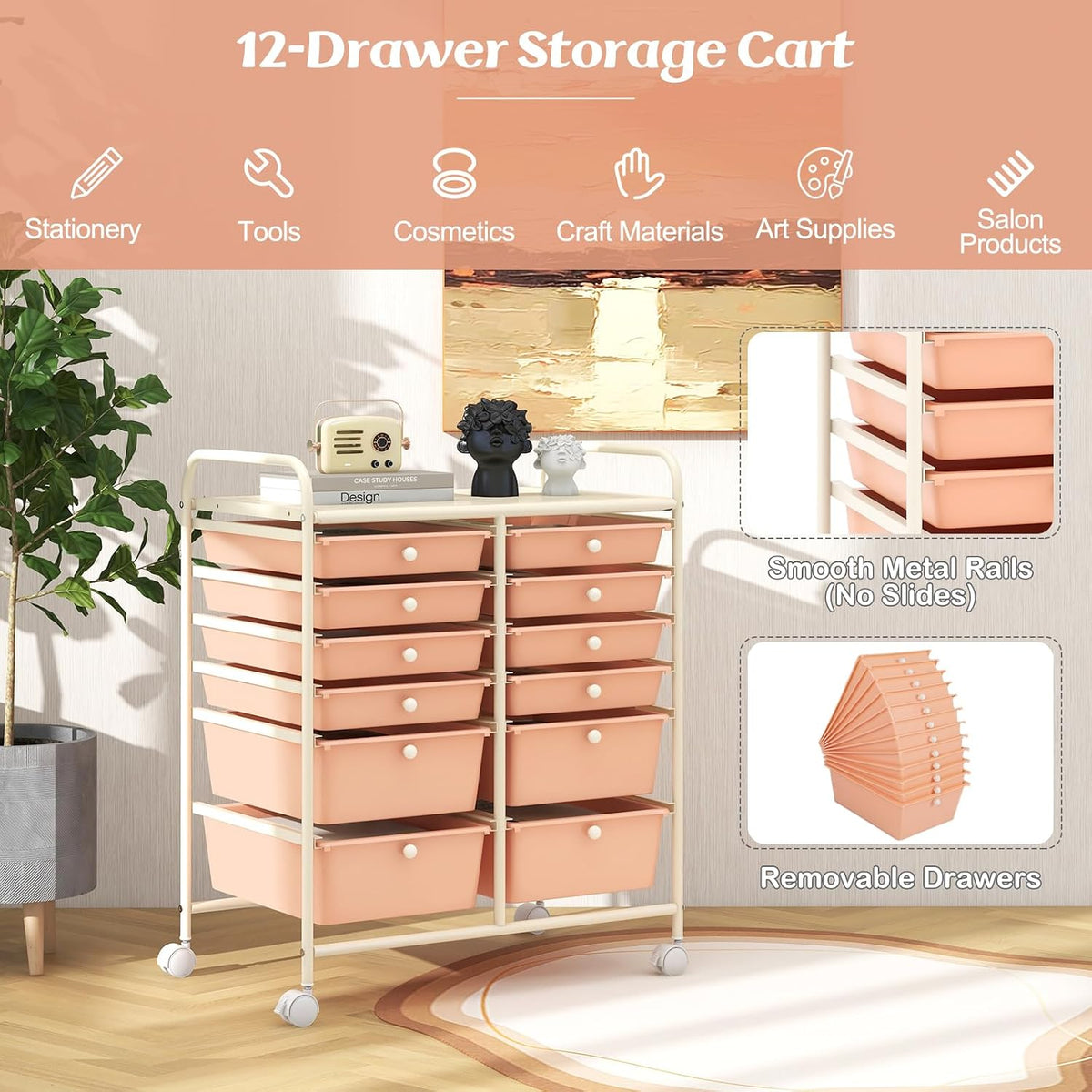 12-Drawer Rolling Storage Cart, Moveable Art Craft Organizer