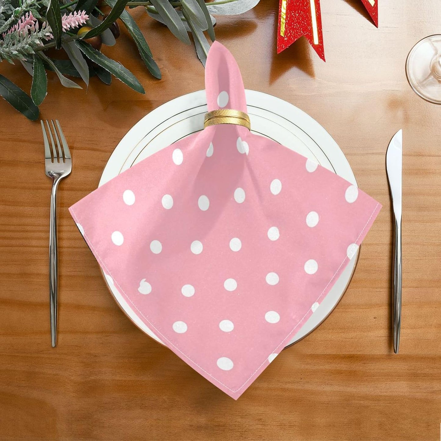 Kigai Cloth Napkins Set of 4 Dots on Pink Dinner Napkins 20x20 in, Washable & Reusable Fabric Table Napkin for Dining Parties Holiday, Eco-Friendly