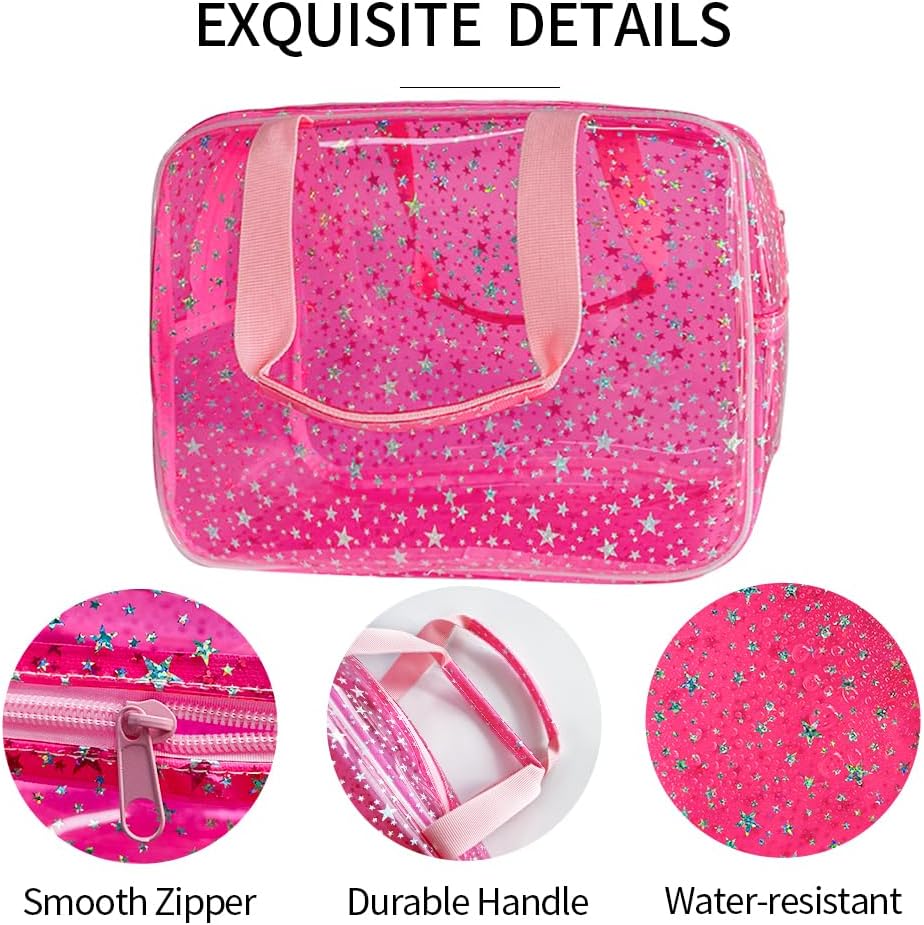 Hot Pink Star Large Cosmetic Bag 12x5x8 inch Travel Pouch with Handle,Durable PVC Material,Zipper Design-Ideal for Makeup,Travel Essentials