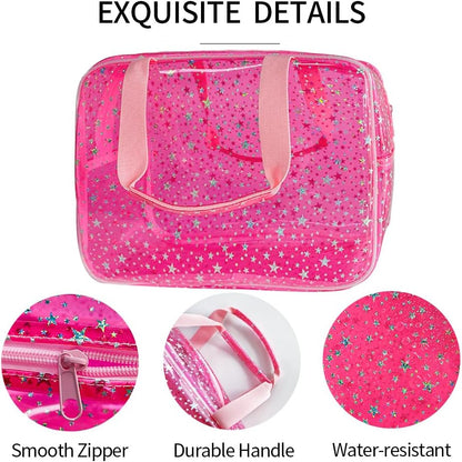 Hot Pink Star Large Cosmetic Bag 12x5x8 inch Travel Pouch with Handle,Durable PVC Material,Zipper Design-Ideal for Makeup,Travel Essentials