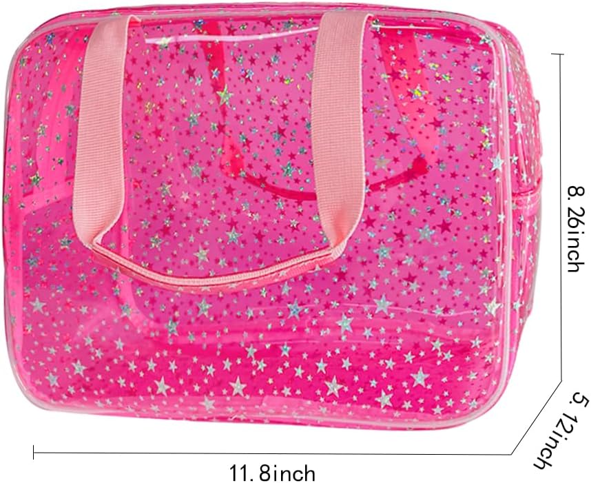 Hot Pink Star Large Cosmetic Bag 12x5x8 inch Travel Pouch with Handle,Durable PVC Material,Zipper Design-Ideal for Makeup,Travel Essentials