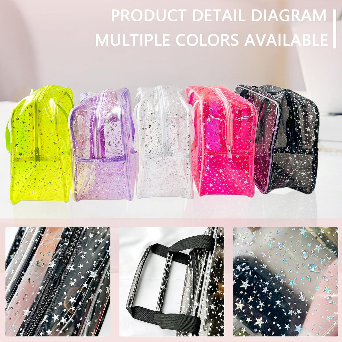 Hot Pink Star Large Cosmetic Bag 12x5x8 inch Travel Pouch with Handle,Durable PVC Material,Zipper Design-Ideal for Makeup,Travel Essentials