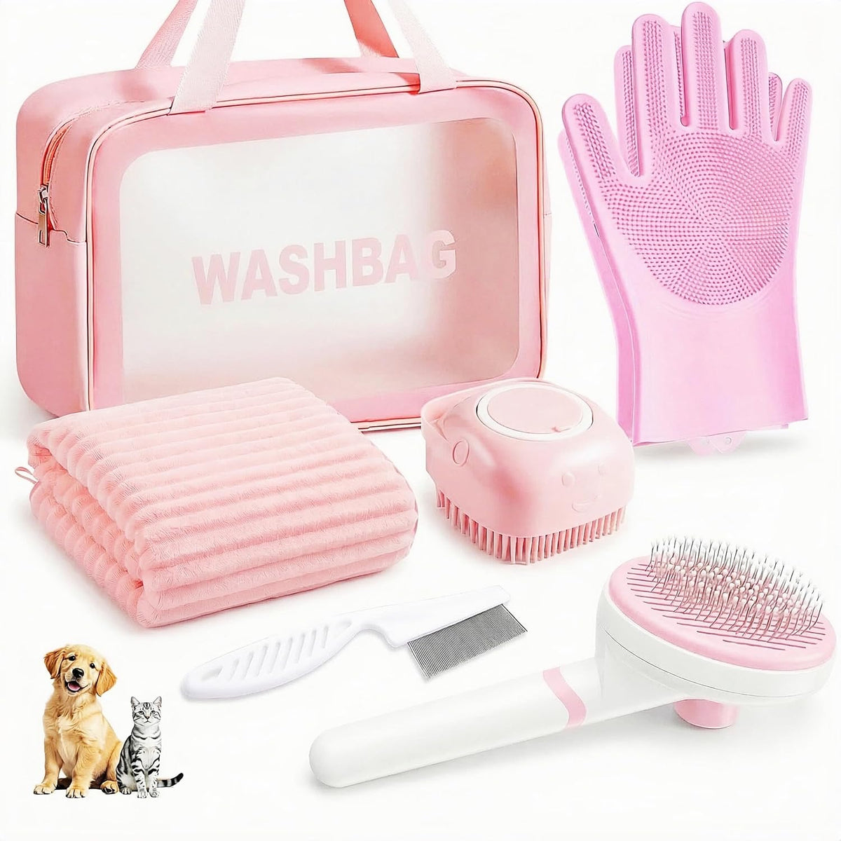6PCS Dog Bath Kit & Dog Brush Kit for Dogs & Cats - Professional Pet Grooming Tools Set with Shedding Brush, Bath Scrubber, Dematting Comb & Storage Bag - Complete Dog Washing Essentials, Pink