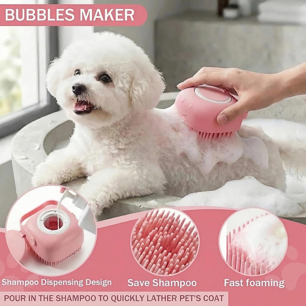 6PCS Dog Bath Kit & Dog Brush Kit for Dogs & Cats - Professional Pet Grooming Tools Set with Shedding Brush, Bath Scrubber, Dematting Comb & Storage Bag - Complete Dog Washing Essentials, Pink