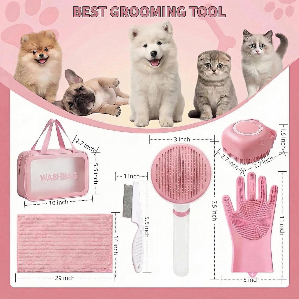 6PCS Dog Bath Kit & Dog Brush Kit for Dogs & Cats - Professional Pet Grooming Tools Set with Shedding Brush, Bath Scrubber, Dematting Comb & Storage Bag - Complete Dog Washing Essentials, Pink