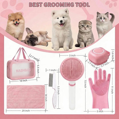 6PCS Dog Bath Kit & Dog Brush Kit for Dogs & Cats - Professional Pet Grooming Tools Set with Shedding Brush, Bath Scrubber, Dematting Comb & Storage Bag - Complete Dog Washing Essentials, Pink