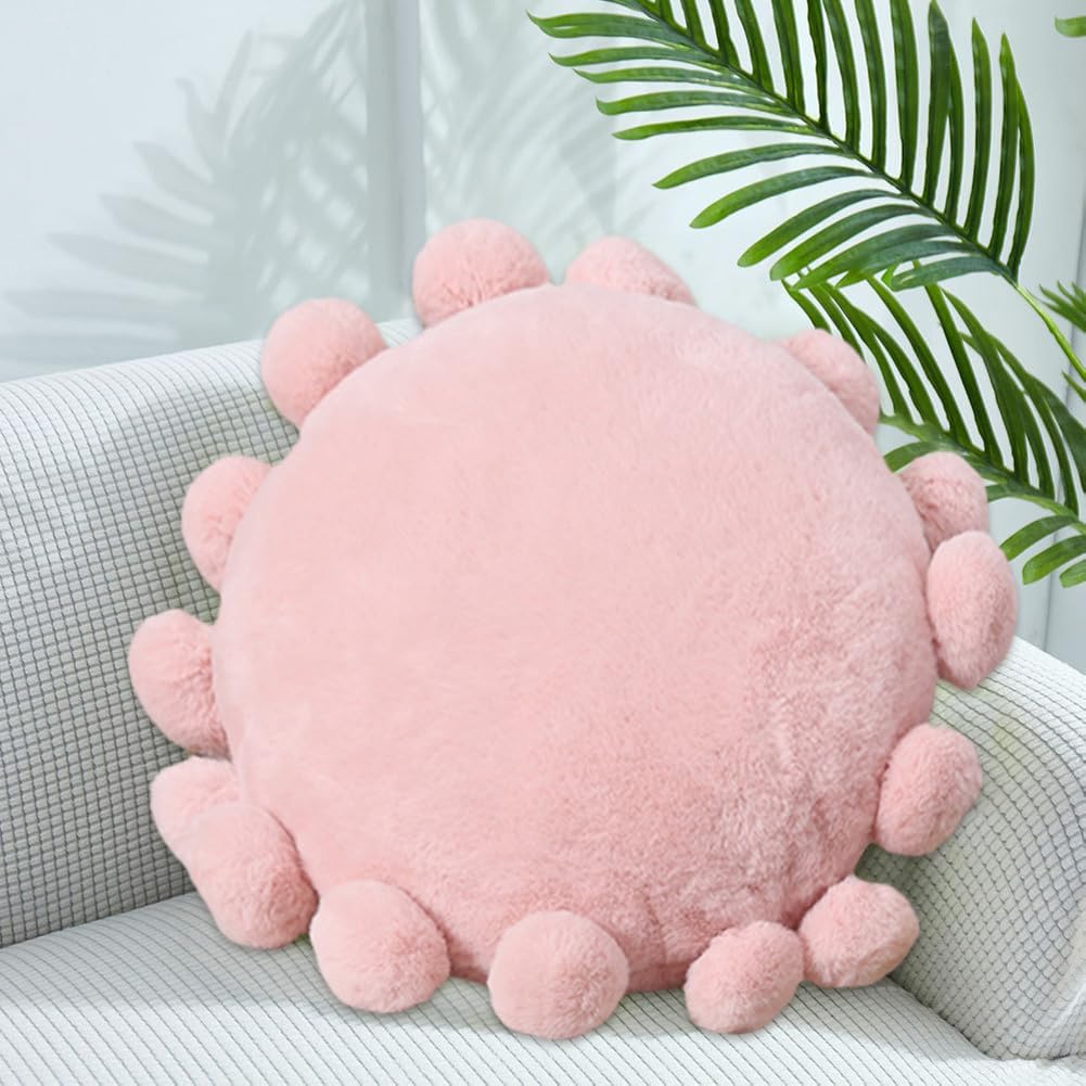 Round Throw Pillows with Pom Poms, Boho Decorative Floor Cushion for Couch Chair Sofa Bed, Cute Fuzzy Floor Seating Pillow for Home Bedroom Living Room Decor, 16.9 inch (Pink)