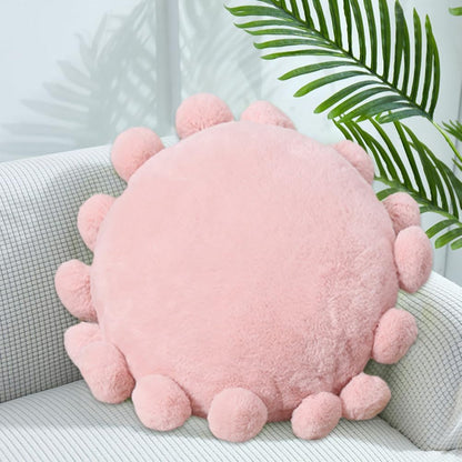 Round Throw Pillows with Pom Poms, Boho Decorative Floor Cushion for Couch Chair Sofa Bed, Cute Fuzzy Floor Seating Pillow for Home Bedroom Living Room Decor, 16.9 inch (Pink)