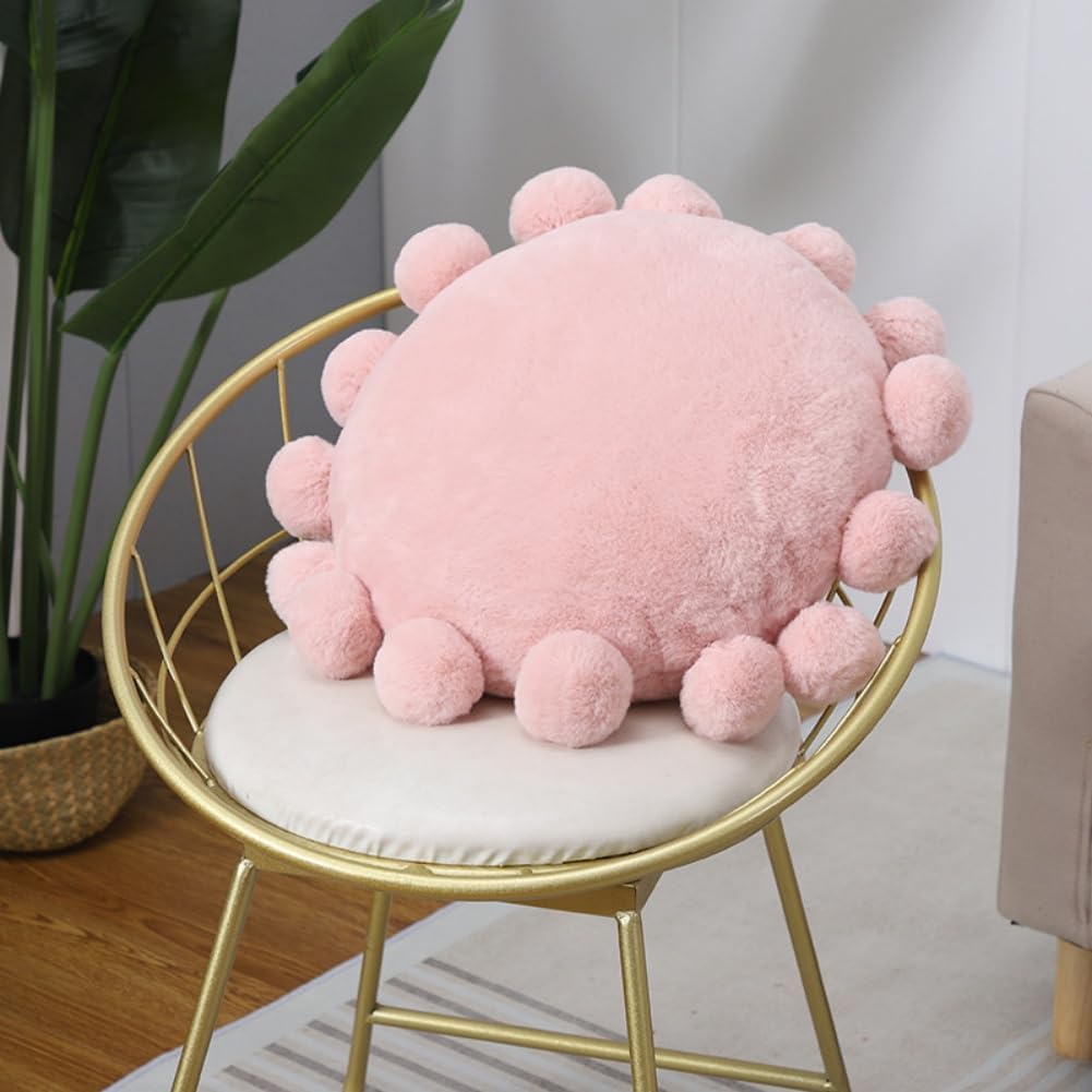 Round Throw Pillows with Pom Poms, Boho Decorative Floor Cushion for Couch Chair Sofa Bed, Cute Fuzzy Floor Seating Pillow for Home Bedroom Living Room Decor, 16.9 inch (Pink)
