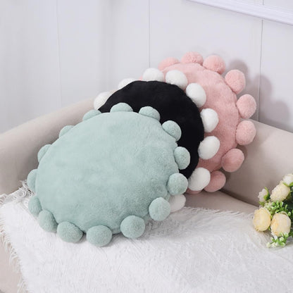 Round Throw Pillows with Pom Poms, Boho Decorative Floor Cushion for Couch Chair Sofa Bed, Cute Fuzzy Floor Seating Pillow for Home Bedroom Living Room Decor, 16.9 inch (Pink)