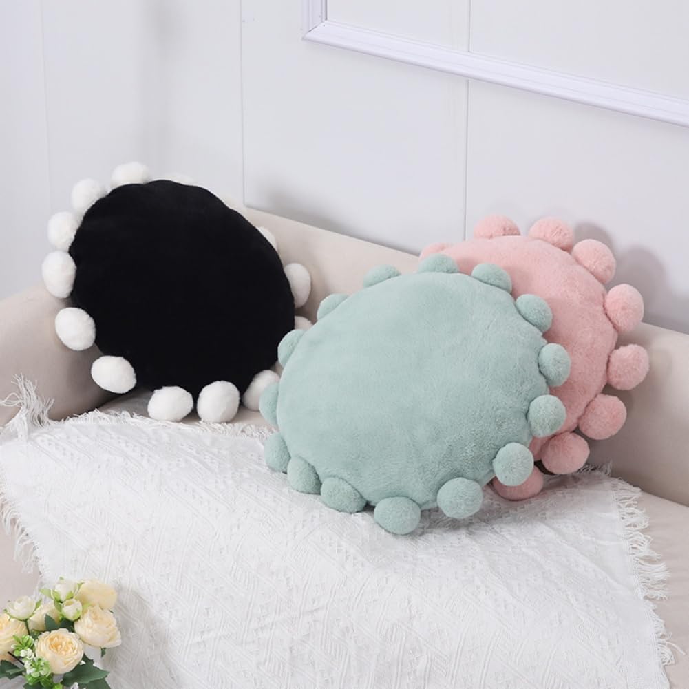 Round Throw Pillows with Pom Poms, Boho Decorative Floor Cushion for Couch Chair Sofa Bed, Cute Fuzzy Floor Seating Pillow for Home Bedroom Living Room Decor, 16.9 inch (Pink)