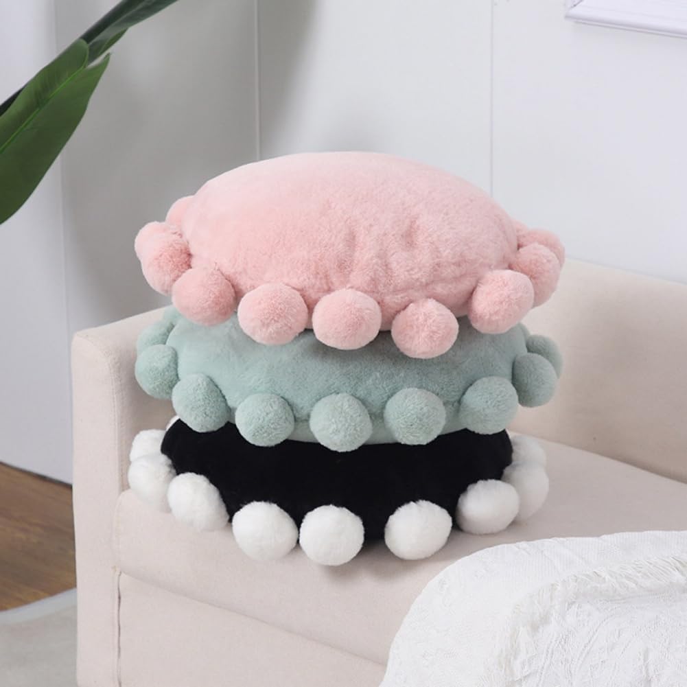 Round Throw Pillows with Pom Poms, Boho Decorative Floor Cushion for Couch Chair Sofa Bed, Cute Fuzzy Floor Seating Pillow for Home Bedroom Living Room Decor, 16.9 inch (Pink)