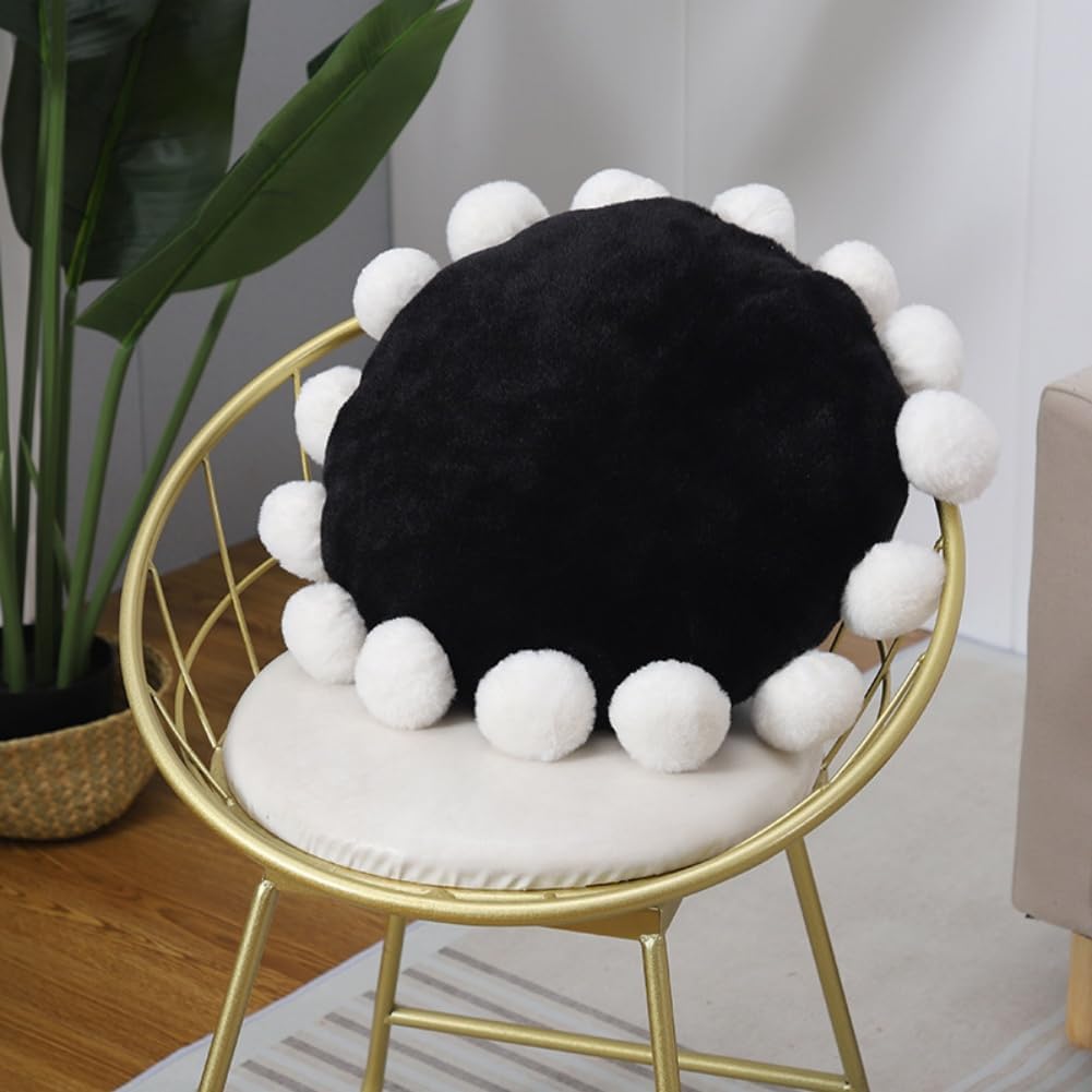 Round Throw Pillows with Pom Poms, Boho Decorative Floor Cushion for Couch Chair Sofa Bed, Cute Fuzzy Floor Seating Pillow for Home Bedroom Living Room Decor, 16.9 inch (Pink)