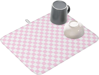 Dish Drying Mat for Kitchen Counter,Pastoral Pink White Buffalo Check Absorbent Microfiber Drainer Rack Pad Modern Geometric Plaid Quick Dry Mat for Sinks Dishes Utensils 18x24in,1 Pack