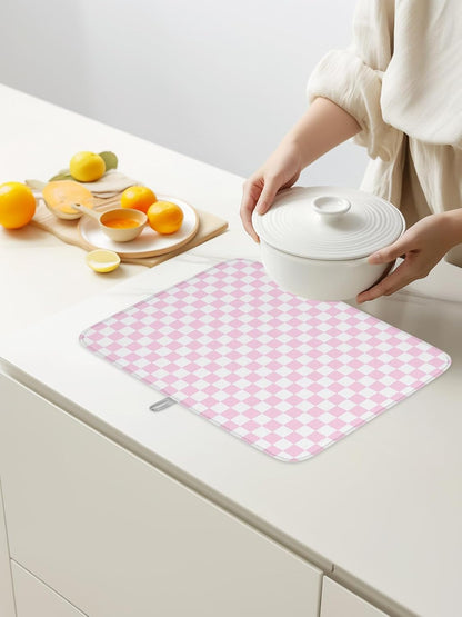 Dish Drying Mat for Kitchen Counter,Pastoral Pink White Buffalo Check Absorbent Microfiber Drainer Rack Pad Modern Geometric Plaid Quick Dry Mat for Sinks Dishes Utensils 18x24in,1 Pack