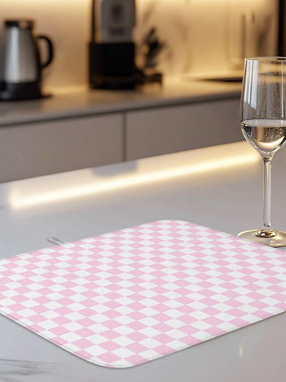 Dish Drying Mat for Kitchen Counter,Pastoral Pink White Buffalo Check Absorbent Microfiber Drainer Rack Pad Modern Geometric Plaid Quick Dry Mat for Sinks Dishes Utensils 18x24in,1 Pack