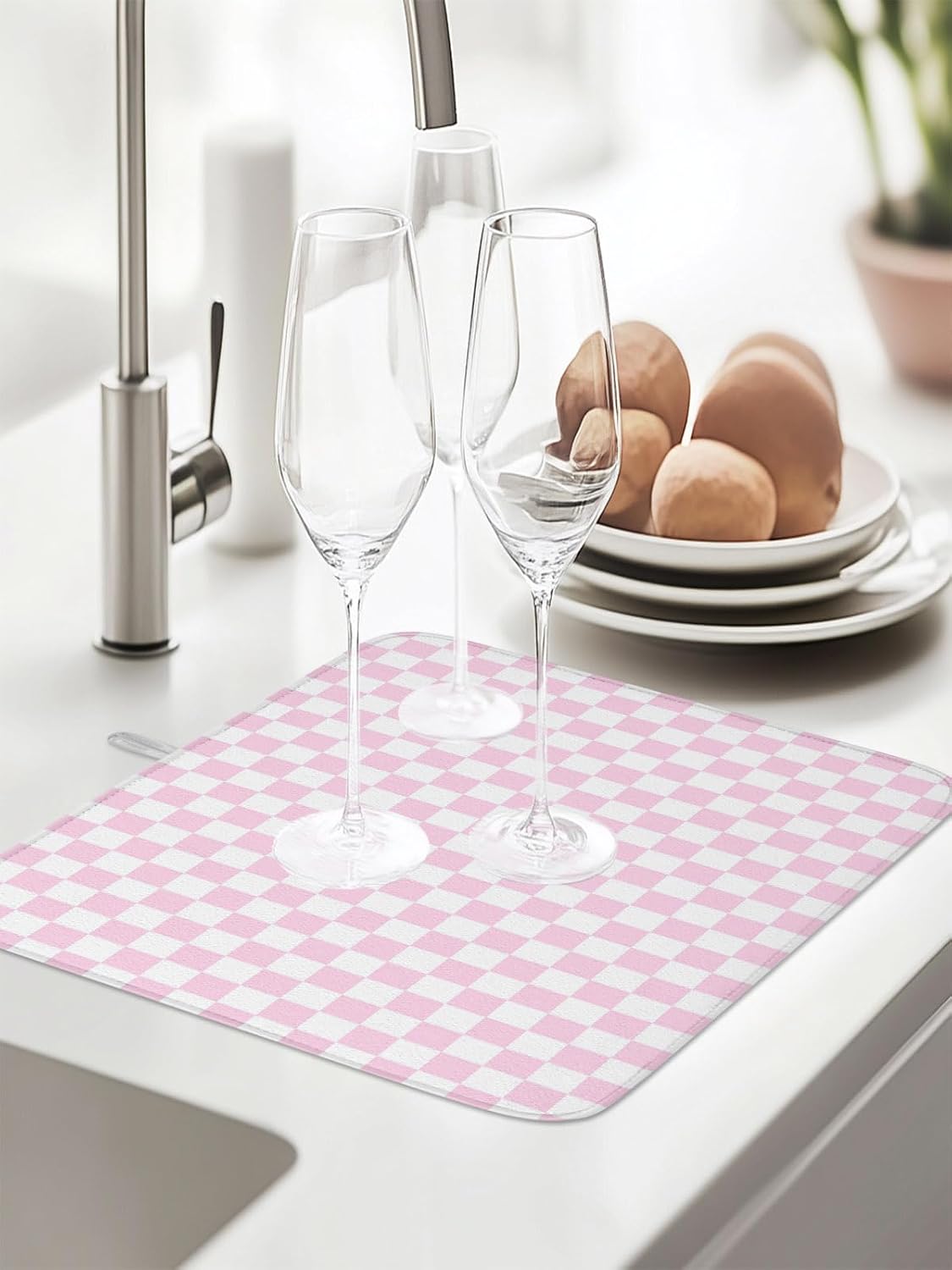 Dish Drying Mat for Kitchen Counter,Pastoral Pink White Buffalo Check Absorbent Microfiber Drainer Rack Pad Modern Geometric Plaid Quick Dry Mat for Sinks Dishes Utensils 18x24in,1 Pack