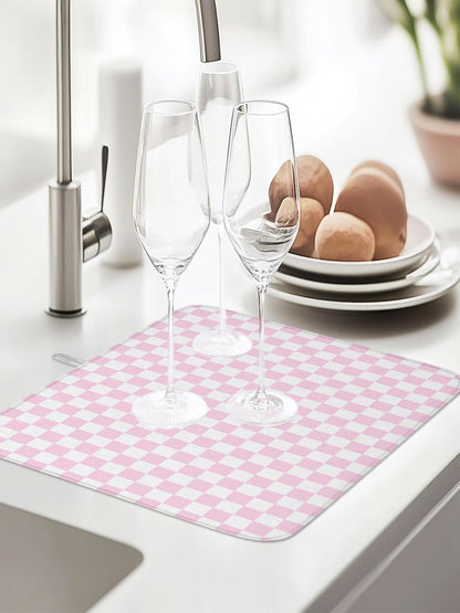 Dish Drying Mat for Kitchen Counter,Pastoral Pink White Buffalo Check Absorbent Microfiber Drainer Rack Pad Modern Geometric Plaid Quick Dry Mat for Sinks Dishes Utensils 18x24in,1 Pack