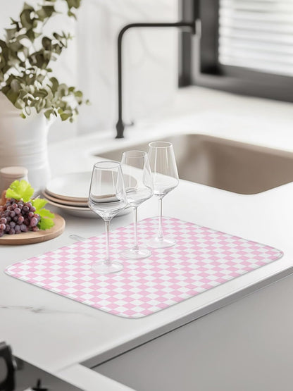 Dish Drying Mat for Kitchen Counter,Pastoral Pink White Buffalo Check Absorbent Microfiber Drainer Rack Pad Modern Geometric Plaid Quick Dry Mat for Sinks Dishes Utensils 18x24in,1 Pack