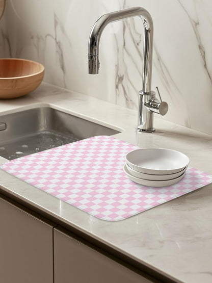 Dish Drying Mat for Kitchen Counter,Pastoral Pink White Buffalo Check Absorbent Microfiber Drainer Rack Pad Modern Geometric Plaid Quick Dry Mat for Sinks Dishes Utensils 18x24in,1 Pack