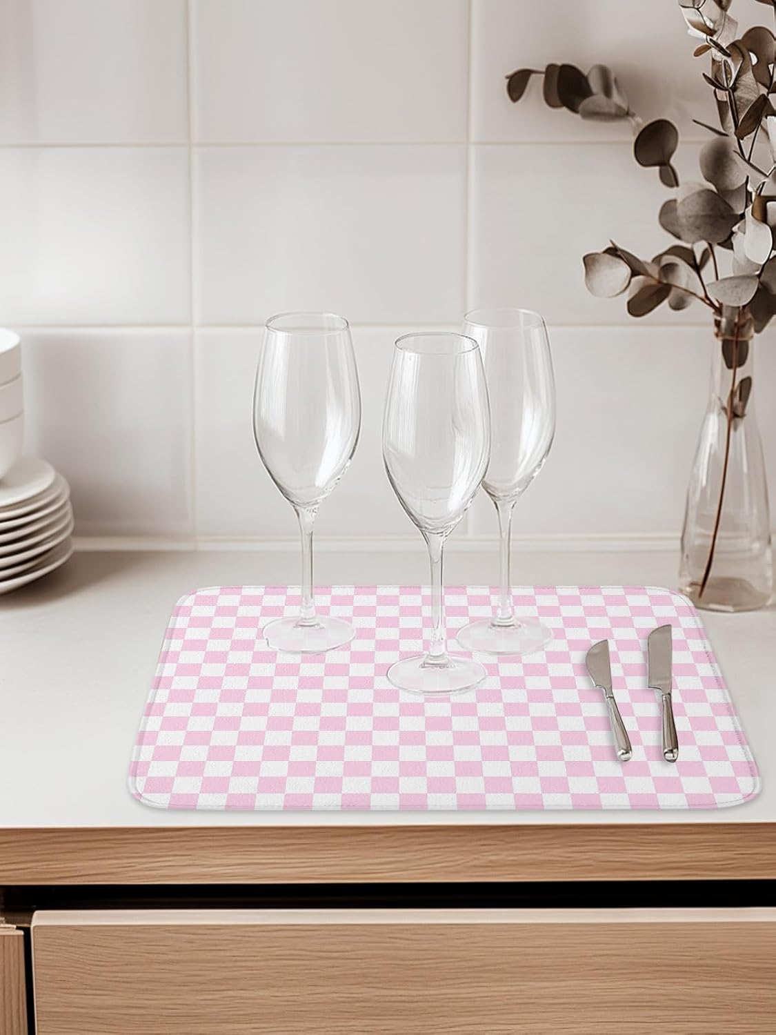 Dish Drying Mat for Kitchen Counter,Pastoral Pink White Buffalo Check Absorbent Microfiber Drainer Rack Pad Modern Geometric Plaid Quick Dry Mat for Sinks Dishes Utensils 18x24in,1 Pack