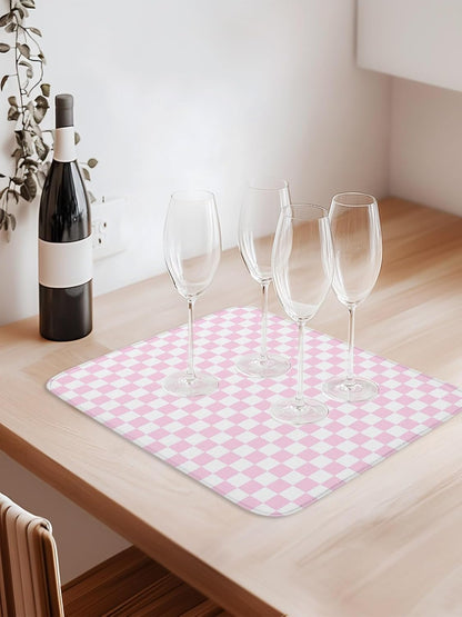 Dish Drying Mat for Kitchen Counter,Pastoral Pink White Buffalo Check Absorbent Microfiber Drainer Rack Pad Modern Geometric Plaid Quick Dry Mat for Sinks Dishes Utensils 18x24in,1 Pack