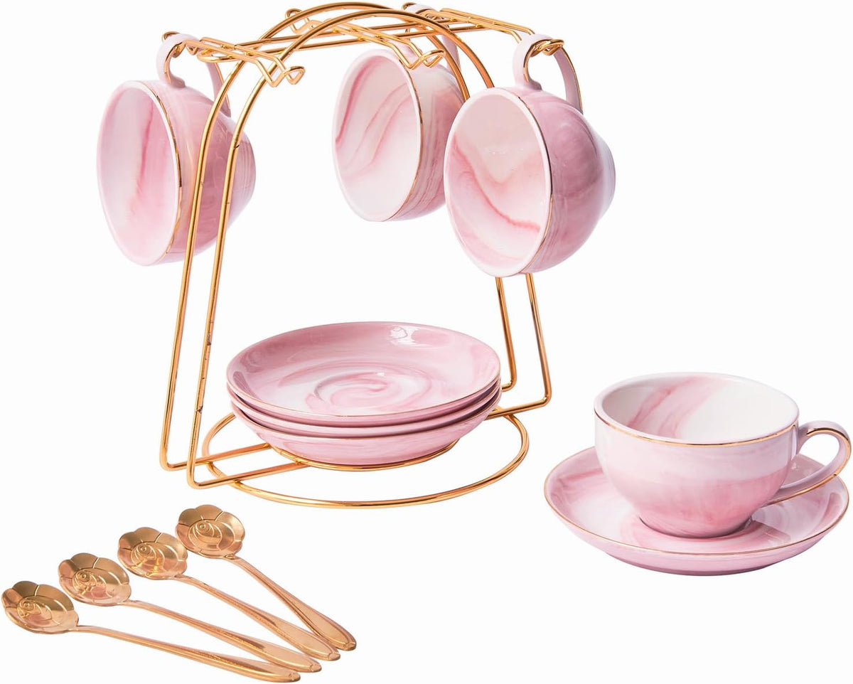 Ceramic Espresso Cups Set with Saucers and Metal Stand, 4 oz Porcelain Stackable Cappuccino Cups Teacup For Tea, Espresso, Latte, Coffee, Cafe Mocha (Pink