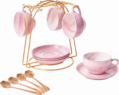 Ceramic Espresso Cups Set with Saucers and Metal Stand, 4 oz Porcelain Stackable Cappuccino Cups Teacup For Tea, Espresso, Latte, Coffee, Cafe Mocha (Pink