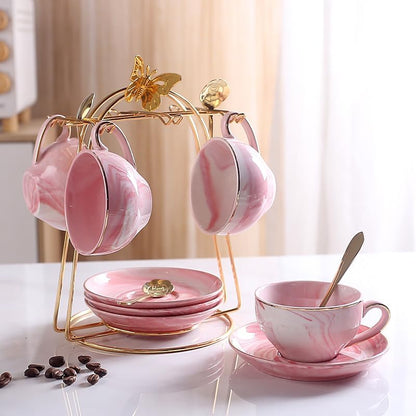 Ceramic Espresso Cups Set with Saucers and Metal Stand, 4 oz Porcelain Stackable Cappuccino Cups Teacup For Tea, Espresso, Latte, Coffee, Cafe Mocha (Pink