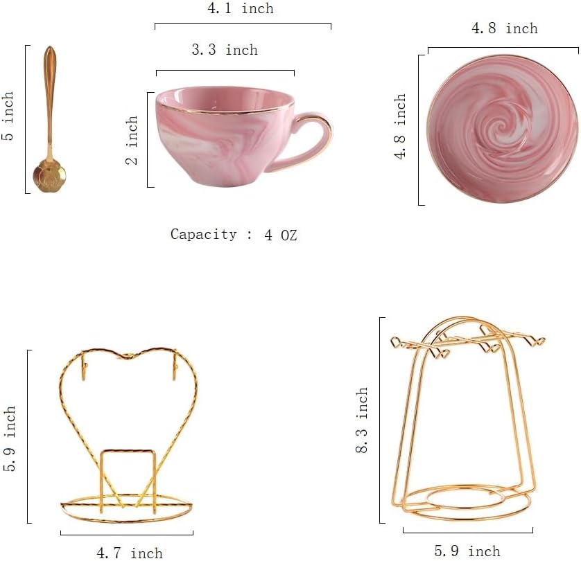 Ceramic Espresso Cups Set with Saucers and Metal Stand, 4 oz Porcelain Stackable Cappuccino Cups Teacup For Tea, Espresso, Latte, Coffee, Cafe Mocha (Pink