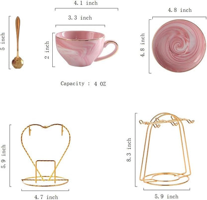 Ceramic Espresso Cups Set with Saucers and Metal Stand, 4 oz Porcelain Stackable Cappuccino Cups Teacup For Tea, Espresso, Latte, Coffee, Cafe Mocha (Pink