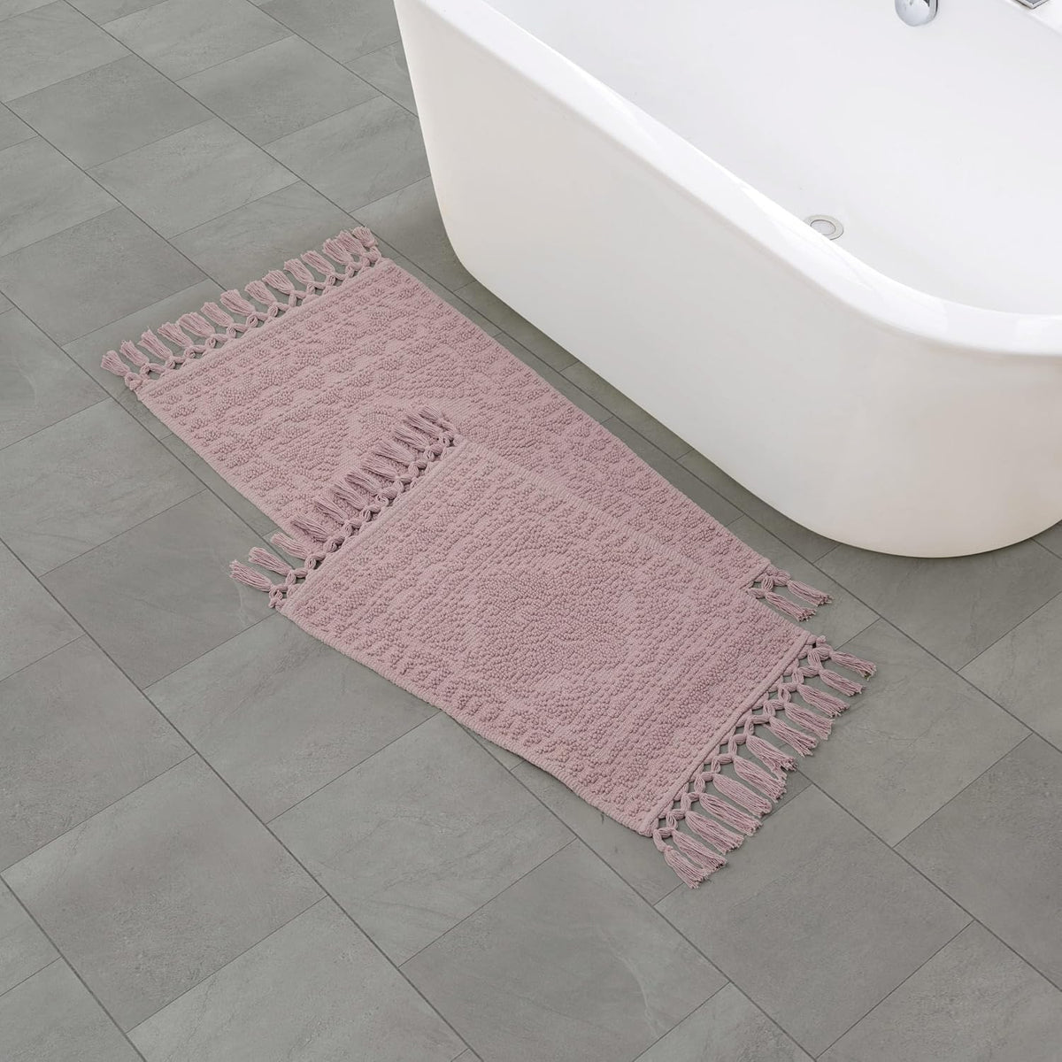 Nellore Bathroom Rugs, Set of 2 Woven and Beaded Bathroom Mats, Durable Bath Rugs, Thick Bath Mats for Bathroom and Shower Rugs, 17" x 28" and 20" x 38", Dusty Pink