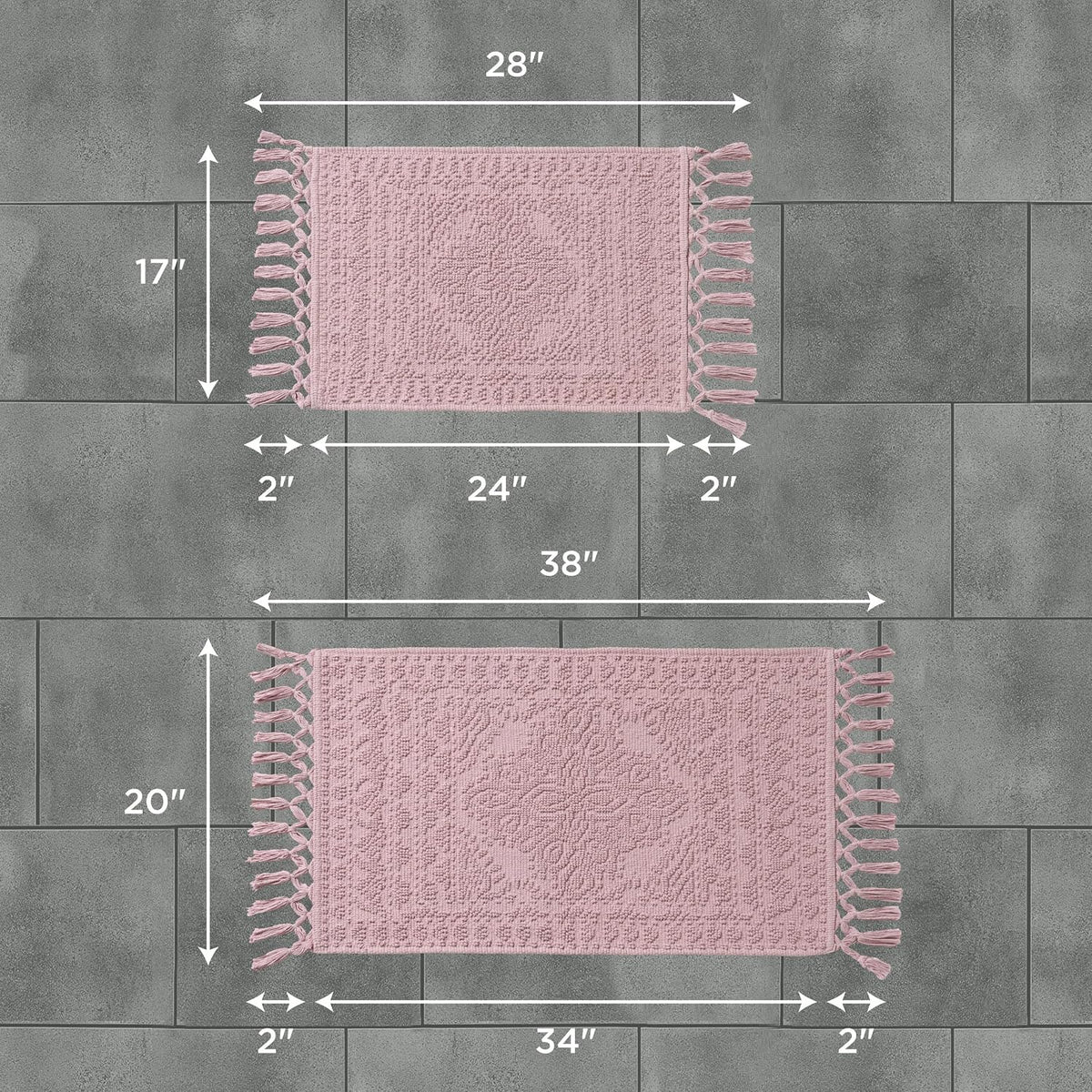 Nellore Bathroom Rugs, Set of 2 Woven and Beaded Bathroom Mats, Durable Bath Rugs, Thick Bath Mats for Bathroom and Shower Rugs, 17" x 28" and 20" x 38", Dusty Pink