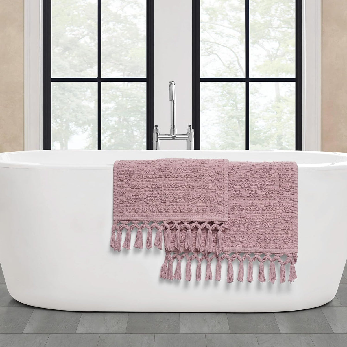 Nellore Bathroom Rugs, Set of 2 Woven and Beaded Bathroom Mats, Durable Bath Rugs, Thick Bath Mats for Bathroom and Shower Rugs, 17" x 28" and 20" x 38", Dusty Pink