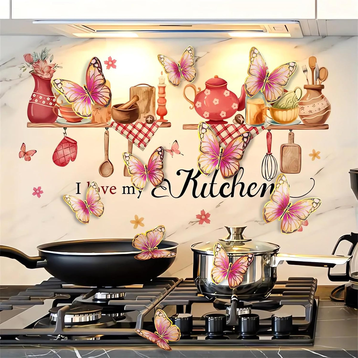 Kitchenware Utensils Wall Stickers Pink 3D Butterfly Wall Decals