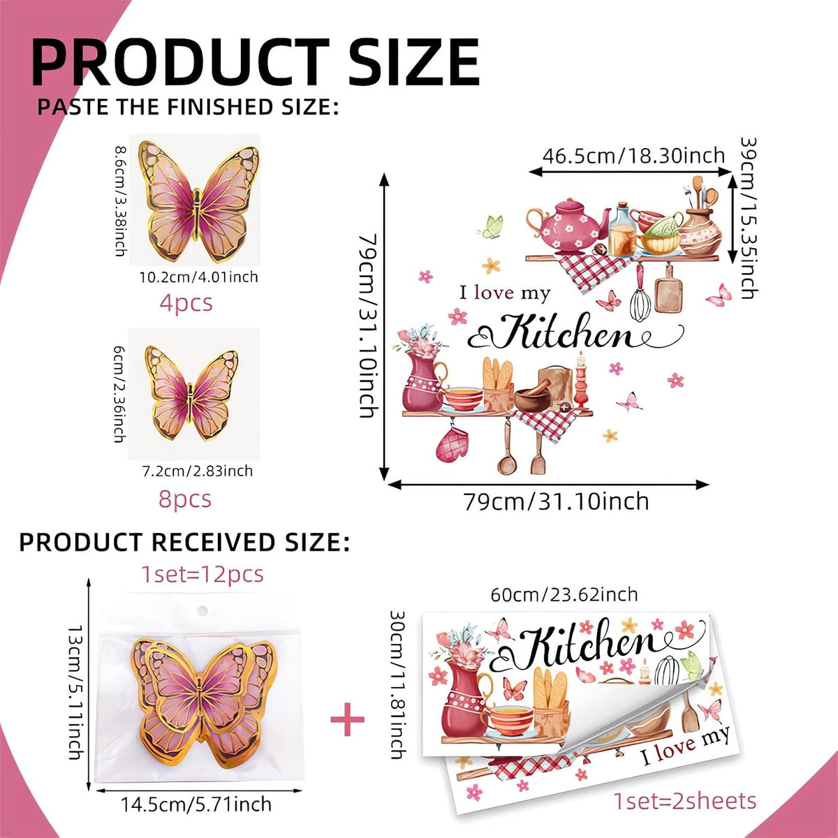 Kitchenware Utensils Wall Stickers Pink 3D Butterfly Wall Decals
