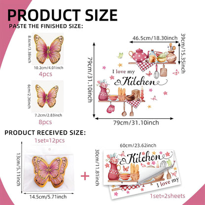 Kitchenware Utensils Wall Stickers Pink 3D Butterfly Wall Decals