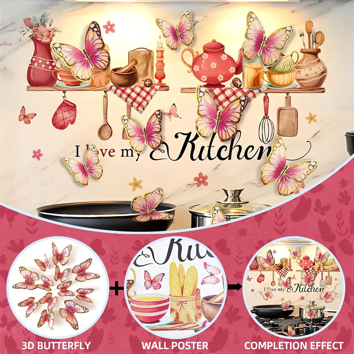 Kitchenware Utensils Wall Stickers Pink 3D Butterfly Wall Decals