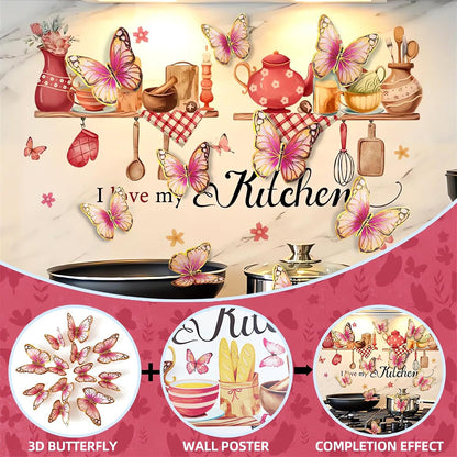 Kitchenware Utensils Wall Stickers Pink 3D Butterfly Wall Decals