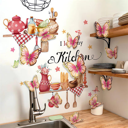 Kitchenware Utensils Wall Stickers Pink 3D Butterfly Wall Decals