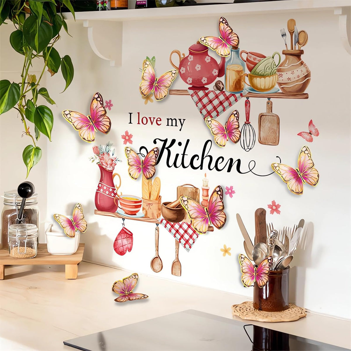 Kitchenware Utensils Wall Stickers Pink 3D Butterfly Wall Decals