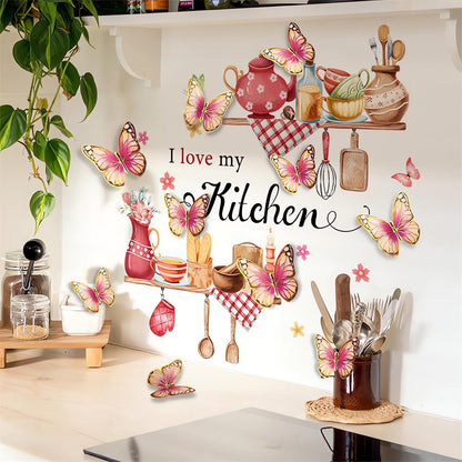 Kitchenware Utensils Wall Stickers Pink 3D Butterfly Wall Decals