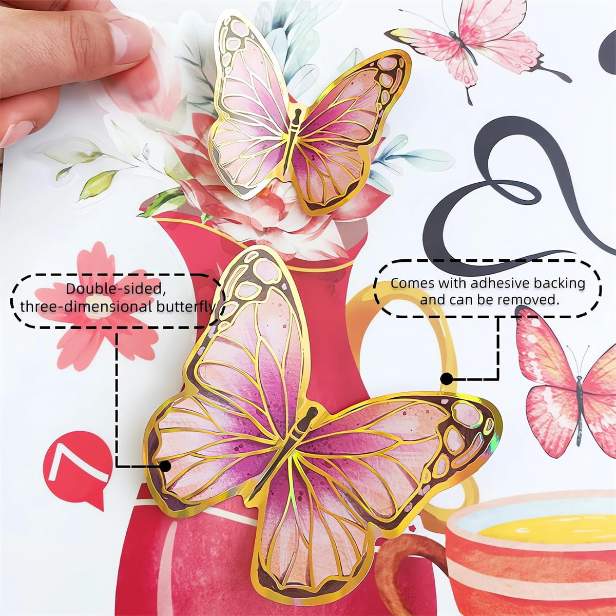Kitchenware Utensils Wall Stickers Pink 3D Butterfly Wall Decals