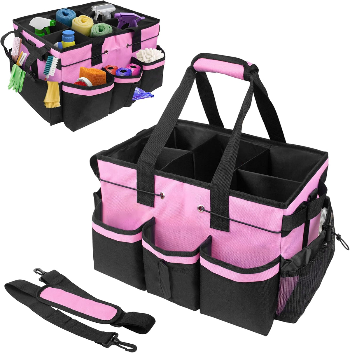 Large Cleaning Caddy Bag with Handle, Built-in Sturdy Support Board, Adjustable Shoulder Strap, Multi-compartment Design Cleaning Supply Tote for Cleaners & Housekeepers (Pink)